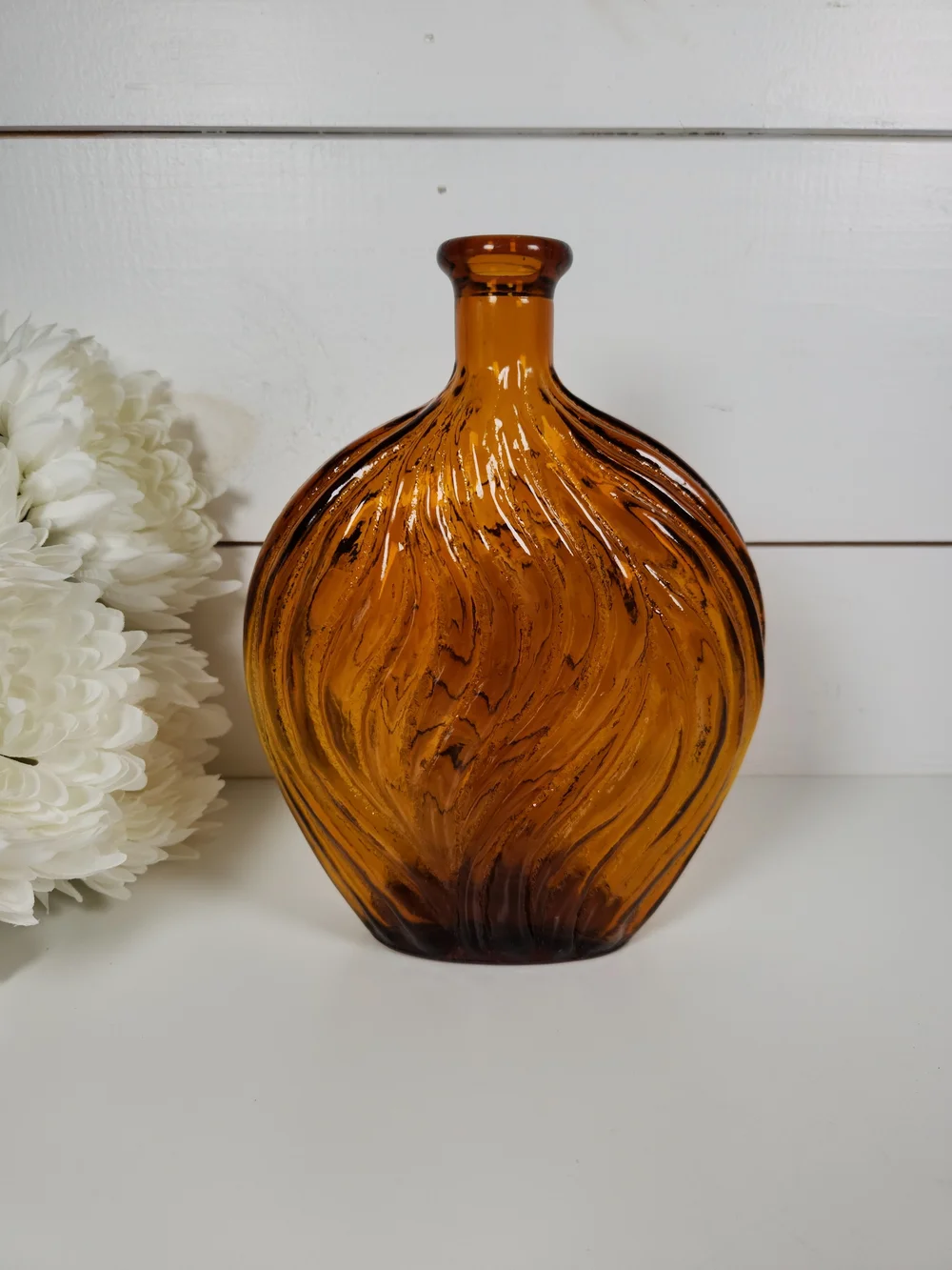 Vintage Amber Glass Textured Swirl Bottle | Mid Century Modern Art Vase | MCM